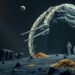 Spacescape: The dark universe is filled with millions of bright stars, but there are a few giant asteroids floating in space. These asteroids, illuminated by the faint light of a distant star, contain rare metals such as gold and platinum. Space Mining Ship: A modern, high-tech spacecraft hovers next to an asteroid. Long, shiny robotic arms are inserting tools into the asteroid's surface to begin the mining process. The spacecraft has faint traces of ion engines, leaving traces of space technology advancement. Asteroid Surface Landscape: On the surface of the asteroid, a strange scene can be seen, with solid cliffs, and some rare minerals such as gold and platinum standing out against the dark ground. These piles of materials are being collected and packaged for return to space or to Earth. People in Space: A group of engineers or scientists wearing space suits, observing, checking and controlling mining equipment from inside the spacecraft or through screens. Their eyes radiate curiosity, excitement and belief in the mysterious exploration of space. Mysterious feeling: The rays of light from the spacecraft shine on the dark space sky, with distant planets floating and twinkling stars, creating a sense of a magical and adventurous journey. Light and darkness blend together to create a space full of mystery and promise.